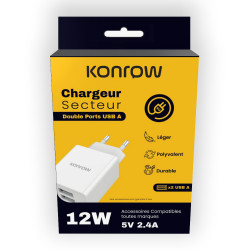 Konrow KC12AAW - 2 USB A-poort voedingsadapter - 12 W snel opladen, wit (compatibel, blister)