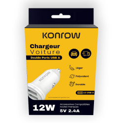 Konrow KCC12AAW - Adattatore per accendisigari con 2 porte USB A - Ricarica rapida 12 W, Bianco (compatibile, blister)