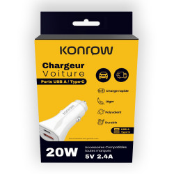 Konrow KCC20ACW – Zigarettenanzünder-Adapter, 1 USB-A-Anschluss und 1 USB-Typ-C-Anschluss – 20 W Schnellladung, Weiß (kompatibel