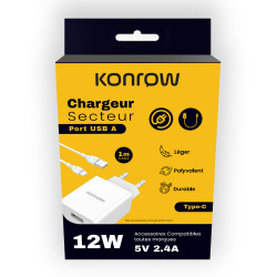 Konrow KK12AATC - Cargador de Red Completo (Adaptador USB 12W y Cable USB Tipo C Desmontable, 1m) Blanco (Compatible, Blister)