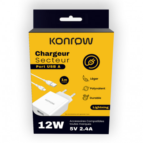 Konrow KK12AATL - Cargador de Red Completo (Adaptador USB 12W y Cable Lightning Desmontable, 1m) Blanco (Compatible, Blister)