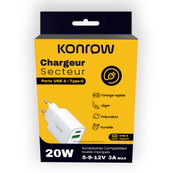 Konrow KC20ACW - 2-poorts type A en type C voedingsadapter - 20W snel opladen - wit (blister)