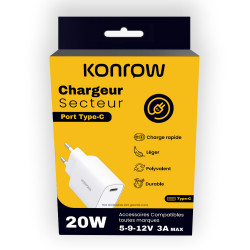 Konrow KC20CW - Adaptador de Corriente USB Tipo C - Carga Rápida 20W - Blanco (Blister)