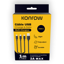 Konrow KC3IN1PB – 3-in-1-USB-Kabel – Typ C, Micro-USB und Lightning auf Typ A – 1 m – Weiß (Blister)