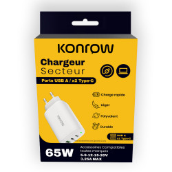 Konrow KC65ACCW - Adaptador de Corriente 3 Puertos (1 Puerto Tipo A y 2 Puertos Tipo C) Carga Rápida 65W - Blanco (Blister)