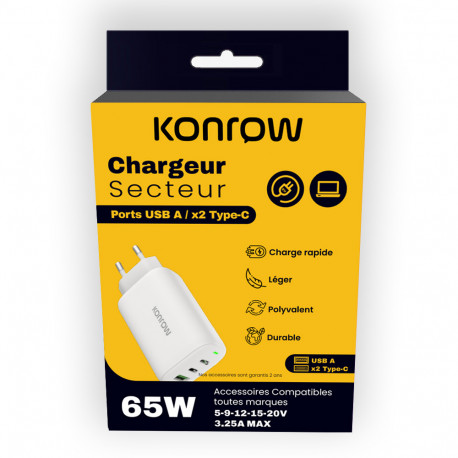 Konrow KC65ACCW - 3-poorts voedingsadapter (1 type A-poort en 2 type C-poorten) 65 W snel opladen, wit (compatibel, blister)