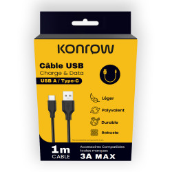 Konrow KCATCNB1 - Cable USB Tipo C a Tipo A (1 M - 3A) - Negro (Compatible, Blister)