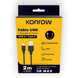 Konrow KCATCPB2 - Cable USB Tipo C a Tipo A (2 M - 3A) - Negro (Compatible, Blister)