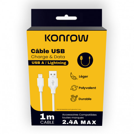 Konrow KCATLPW1 - USB Lightning to Type A Cable (1 M - 2.4A) - White (Compatible, Blister)
