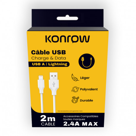 Konrow KCATLPW2 - Cable Lightning a USB Tipo A (2 M - 2.4A) - Blanco (Compatible, Blister)