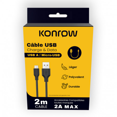 Konrow KCATMPB2 - Micro USB naar Type A-kabel (2 M - 2A) - Zwart (compatibel, blister)