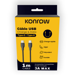 Konrow KCCTCPB1 - USB Type C naar Type C kabel (1 M - 3A) - Zwart (compatibel, blister)