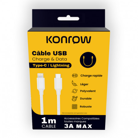 Konrow KCCTLNPDW1 - USB Lightning naar Type C-kabel (1 M - 3A - Nylon gevlochten) - Wit (compatibel, blisterverpakking)