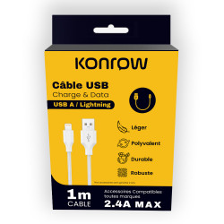 Konrow KCATLNW1 - Cable USB Lightning a Tipo A (1m, Nylon, Blanco) - Embalaje Original