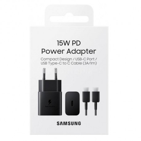 Samsung EP-T1510XBE - Cargador de Red Completo - Adaptador 15W y Cable USB Tipo-C a Tipo-C - Negro - Embalaje Original